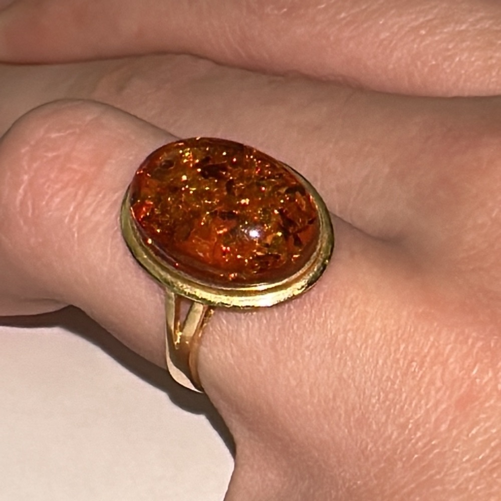 Solid 14K Yellow Gold Natural Oval Baltic Amber Ring Vintage Estate - Picture 4 of 14